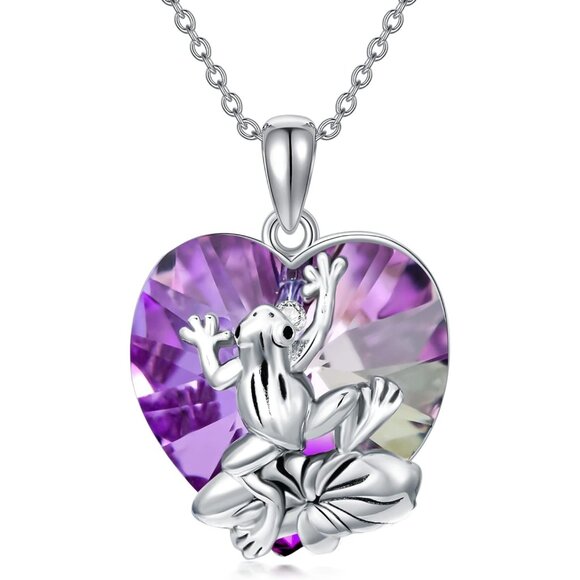 Sterling Silver Frog Pendant Necklace with Heart Crystal for Women - Picture 1 of 8